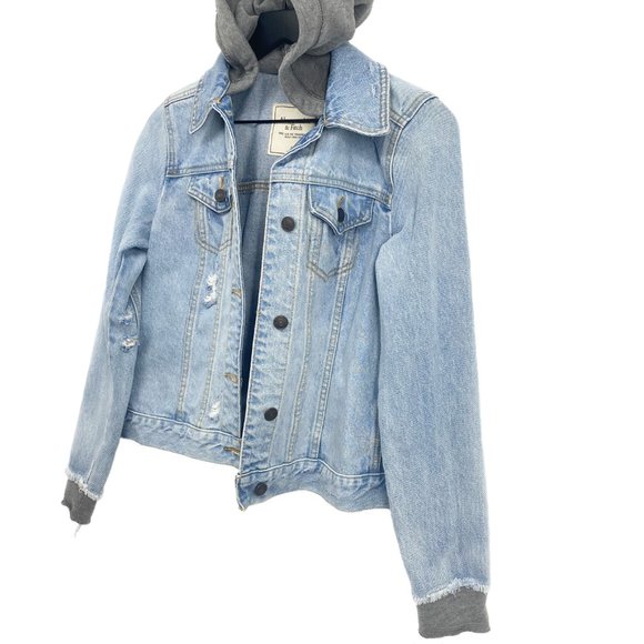 ABERCROMBIE & FITCH NEW YORK Grey Hoodie Distressed Denim Jacket Size S - Picture 3 of 15